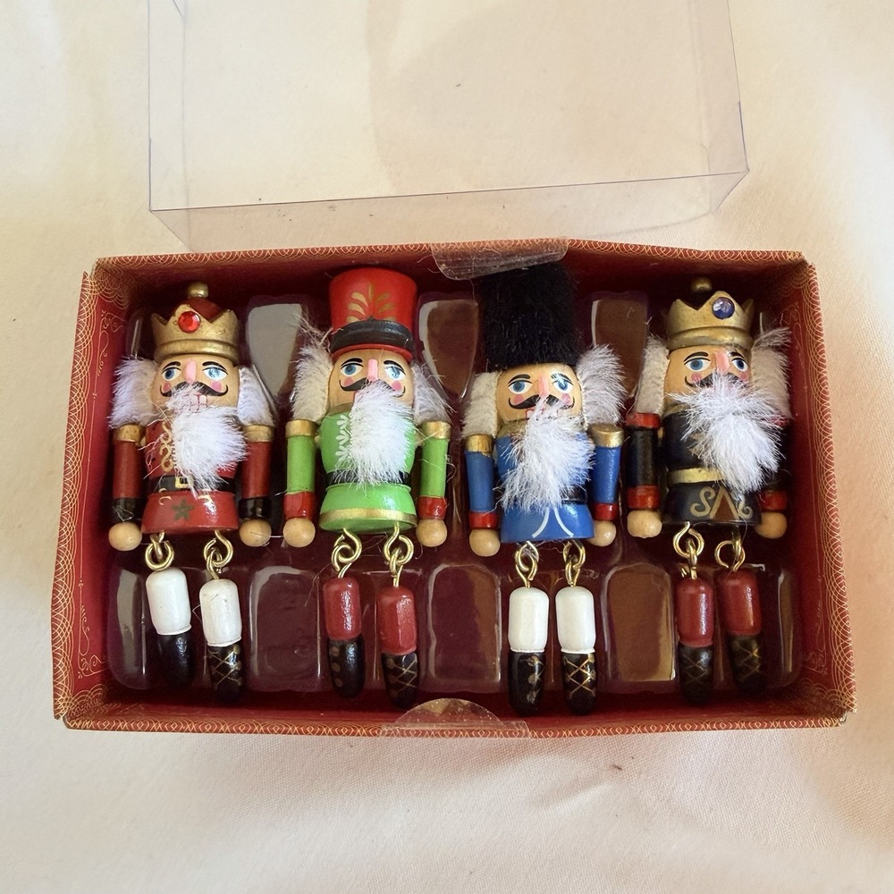 World Market Nutcracker Napkin Rings Wood Christmas Holiday Dangle Legs Set Of 4
